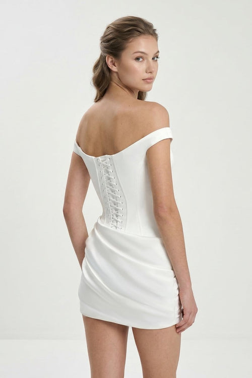 Ivory Off - the - Shoulder Corset Sheath Satin Graduation Dress - KissProm