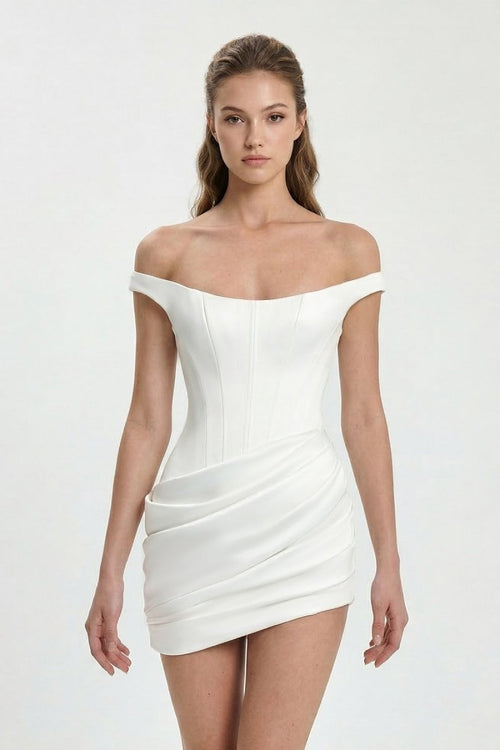 Ivory Off - the - Shoulder Corset Sheath Satin Graduation Dress - KissProm