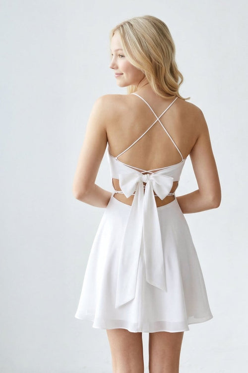 White Cowl Neck A - Line Graduation Dress With Back Bow - KissProm