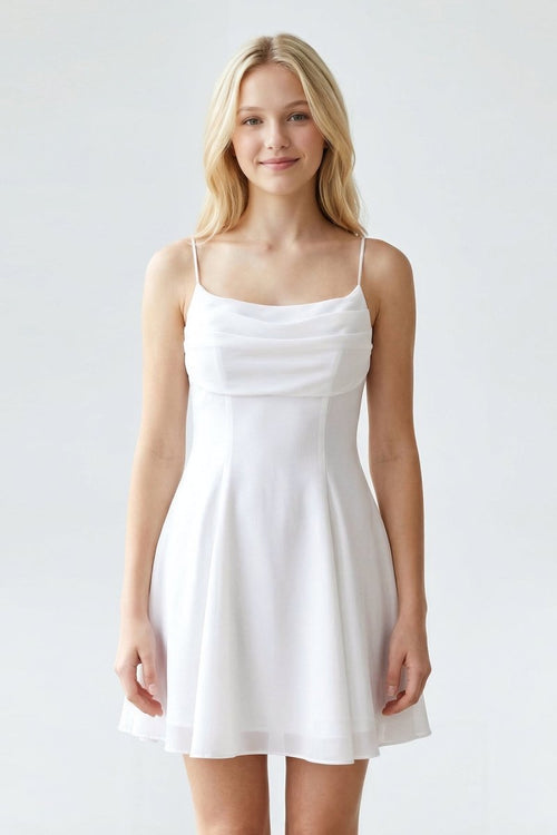 White Cowl Neck A - Line Graduation Dress With Back Bow - KissProm